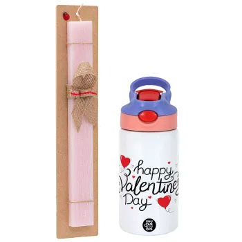Happy Valentines Day!!!, Easter Set, Children's thermal stainless steel water bottle with safety straw, pink/purple (350ml) & Easter scented flat candle (30cm) (PINK)