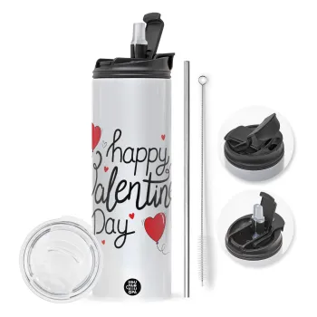 Happy Valentines Day!!!, Travel Tumbler θερμό με διπλό καπάκι, μεταλλικό καλαμάκι και βούρτσα καθαρισμού (Ανωξείδωτο 304 Food grade, BPA free, 600ml)