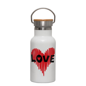 I Love You red heart, Μεταλλικό παγούρι θερμός (Stainless steel) Λευκό με ξύλινο καπακι (bamboo), διπλού τοιχώματος, 350ml