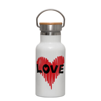 I Love You red heart, Metallic thermos (Stainless steel) White with wooden lid (bamboo), double-walled, 350ml