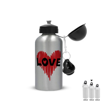 I Love You red heart, Metallic water jug, Silver, aluminum 500ml