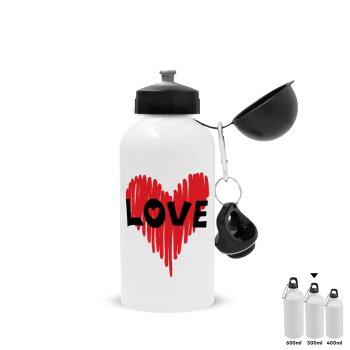 I Love You red heart, Metal water bottle, White, aluminum 500ml