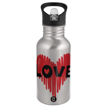 I Love You red heart, Water bottle Silver with straw, stainless steel 500ml