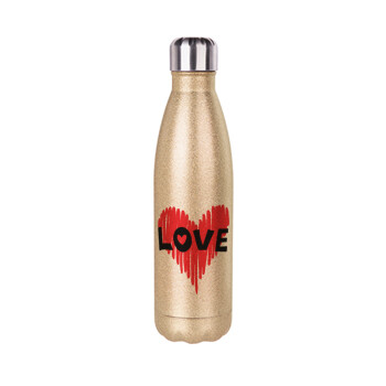 I Love You red heart, Glitter gold stainless steel thermos bottle, double-walled, 500ml