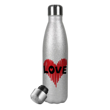 I Love You red heart, Μεταλλικό παγούρι θερμός Glitter Aσημένιο (Stainless steel), διπλού τοιχώματος, 500ml