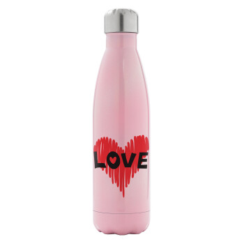 I Love You red heart, Metal mug thermos Pink Iridiscent (Stainless steel), double wall, 500ml