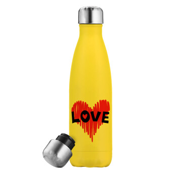 I Love You red heart, Yellow Stainless Steel Metallic Thermos, double-walled, 500ml