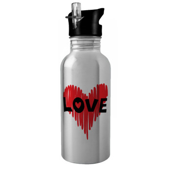 I Love You red heart, Water bottle Silver with straw, stainless steel 600ml