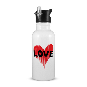 I Love You red heart, White water bottle with straw, stainless steel 600ml