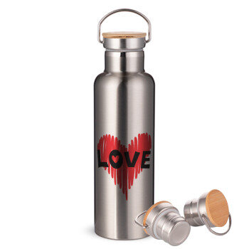 I Love You red heart, Stainless steel Silver with wooden lid (bamboo), double wall, 750ml