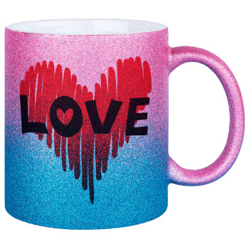 I Love You red heart, Κούπα Χρυσή/Μπλε Glitter, κεραμική, 330ml