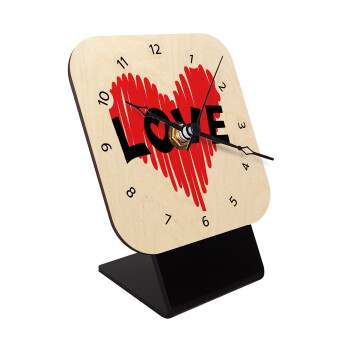 I Love You red heart, Quartz Table clock in natural wood (10cm)
