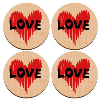 I Love You red heart, ΣΕΤ x4 Σουβέρ ξύλινα στρογγυλά plywood (9cm)