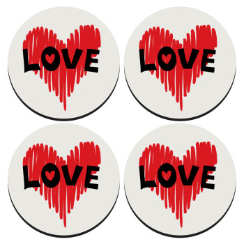 I Love You red heart, SET of 4 round wooden coasters (9cm)