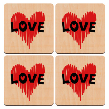 I Love You red heart, ΣΕΤ x4 Σουβέρ ξύλινα τετράγωνα plywood (9cm)
