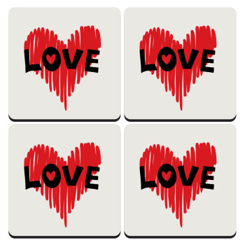 I Love You red heart, ΣΕΤ 4 Σουβέρ ξύλινα τετράγωνα (9cm)
