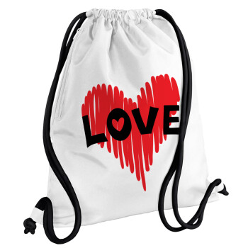 I Love You red heart, Backpack pouch GYMBAG white, with pocket (40x48cm) & thick cords