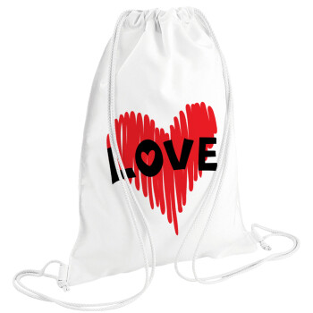I Love You red heart, Τσάντα πλάτης πουγκί GYMBAG λευκή (28x40cm)