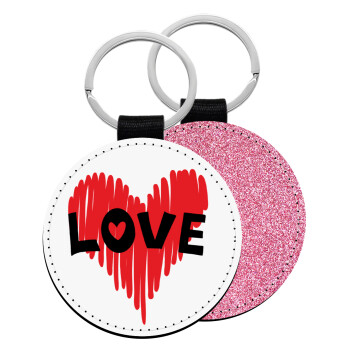 I Love You red heart, Μπρελόκ Δερματίνη, στρογγυλό ΡΟΖ (5cm)