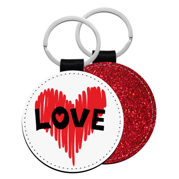 I Love You red heart, Μπρελόκ Δερματίνη, στρογγυλό ΚΟΚΚΙΝΟ (5cm)