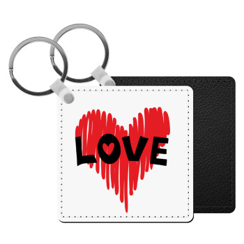 I Love You red heart, Μπρελόκ Δερματίνη, τετράγωνο ΜΑΥΡΟ (5x5cm)