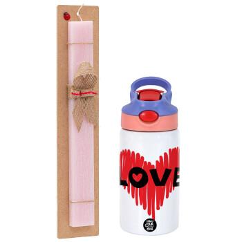 I Love You red heart, Easter Set, Children's thermal stainless steel water bottle with safety straw, pink/purple (350ml) & Easter scented flat candle (30cm) (PINK)