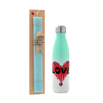 I Love You red heart, Easter Set, Metallic green/white thermos (Stainless steel), double-walled, 500ml & scented flat Easter candle (30cm) (TURQUOISE)