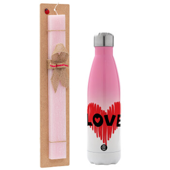 I Love You red heart, Easter Set, Metallic pink/white (Stainless steel) thermos, double-walled, 500ml & aromatic flat Easter candle (30cm) (PINK)