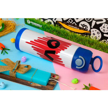I Love You red heart, Easter candle, Childrens hot water bottle, stainless steel, with safety straw, BLUE (500ml)