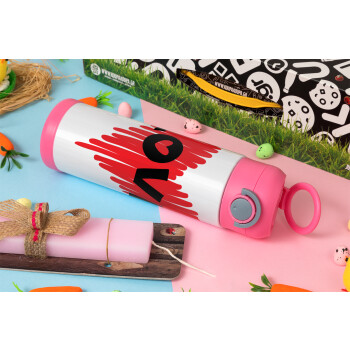 I Love You red heart, Easter candle, Childrens hot water bottle, stainless steel, with safety straw, PINK (500ml)