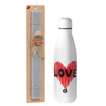 I Love You red heart, Easter Set, metallic stainless thermos bottle (500ml) & scented flat Easter candle (30cm) (GRAY)