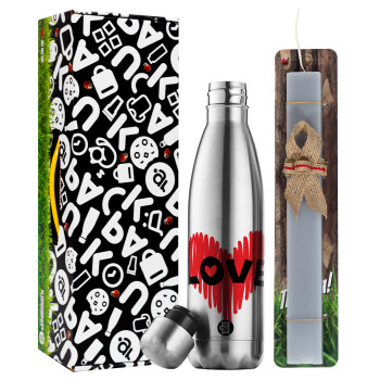 I Love You red heart, Easter Set, metallic stainless thermos flask (500ml) & scented flat Easter candle (30cm) (GRAY)