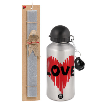 I Love You red heart, Easter Set, metallic silver aluminum water bottle (500ml) & aromatic flat Easter candle (30cm) (GRAY)