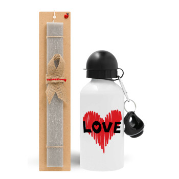 I Love You red heart, Easter Set, metallic aluminum water bottle (500ml) & aromatic flat Easter candle (30cm) (GRAY)