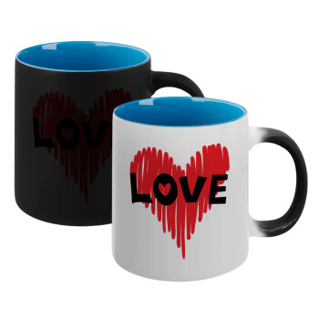 I Love You red heart, Κούπα Μαγική εσωτερικό μπλε, κεραμική 330ml που αλλάζει χρώμα με το ζεστό ρόφημα