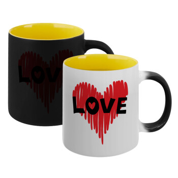 I Love You red heart, Κούπα Μαγική εσωτερικό κίτρινη, κεραμική 330ml που αλλάζει χρώμα με το ζεστό ρόφημα (1 τεμάχιο)