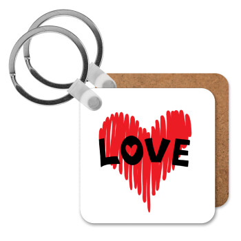 I Love You red heart, Μπρελόκ Ξύλινο τετράγωνο MDF