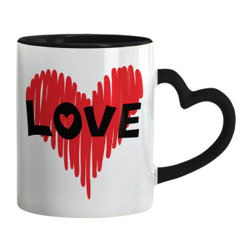 I Love You red heart, Mug heart black handle, ceramic, 330ml