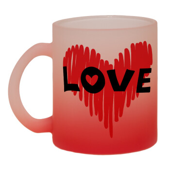 I Love You red heart, Κούπα γυάλινη δίχρωμη με βάση το κόκκινο ματ, 330ml