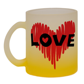 I Love You red heart, Κούπα γυάλινη δίχρωμη με βάση το κίτρινο ματ, 330ml