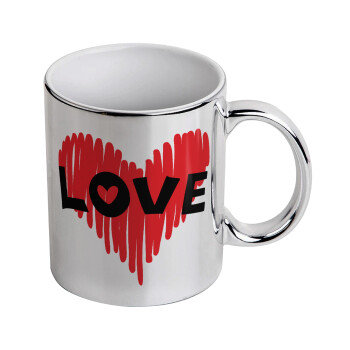 I Love You red heart, Mug ceramic, silver mirror, 330ml