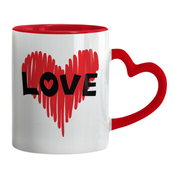 I Love You red heart, Κούπα καρδιά χερούλι κόκκινη, κεραμική, 330ml