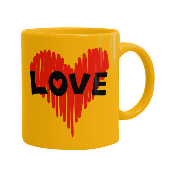 I Love You red heart, Ceramic coffee mug yellow, 330ml (1pcs)