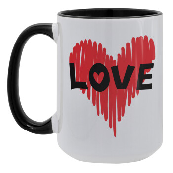 I Love You red heart, Κούπα Mega 15oz, κεραμική Μαύρη, 450ml