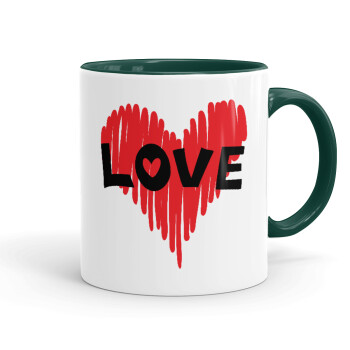 I Love You red heart, Κούπα χρωματιστή πράσινη, κεραμική, 330ml