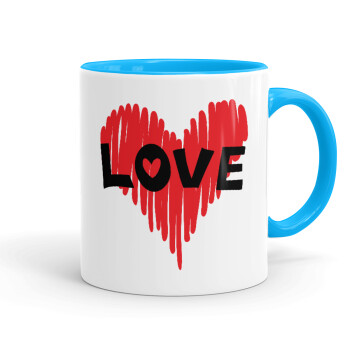 I Love You red heart, Κούπα χρωματιστή γαλάζια, κεραμική, 330ml