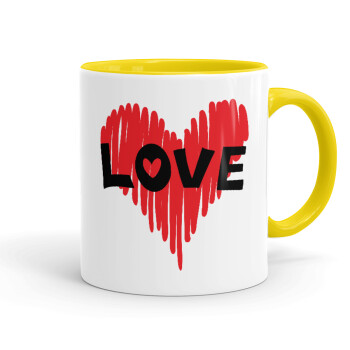 I Love You red heart, Κούπα χρωματιστή κίτρινη, κεραμική, 330ml