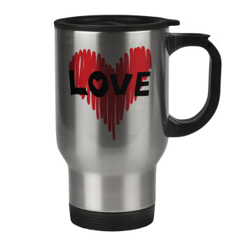 I Love You red heart, Stainless steel travel mug with lid, double wall 450ml