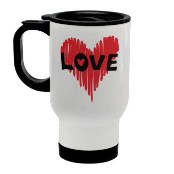 I Love You red heart, Stainless steel travel mug with lid, double wall white 450ml