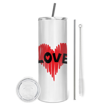 I Love You red heart, Eco friendly ποτήρι θερμό (tumbler) από ανοξείδωτο ατσάλι 600ml, με μεταλλικό καλαμάκι & βούρτσα καθαρισμού